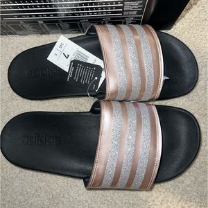 Rose gold women's Adidas sparkly Adilette comfort slides. Side 7.